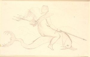 Cupid ratsastaa delfiinillä. Pompeian motiivi tekijältä Christen Købke