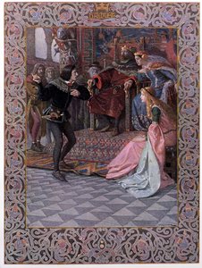 Hamlet ennen kuningas Claudiusta, kuningatar Gertrudea ja Opheliaa, kohtaus William Shakespearen (1564-1616) Hamletista n. 1900