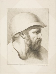 Parrakas miehen pää ja teräskypärä tekijältä Christian Frederick Köhlitz
