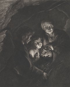 Yökuva luolassa, jossa vanha nainen pitelee palavia hiiltä kattilassa, poika blowi..., n. 1750-57 tekijältä Christian Friedrich Boëtius