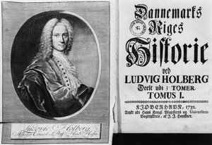 Paroni Ludvig Holberg (1684-1754) ja Kööpenhaminassa vuonna 1732 julkaistun Tanskan historian I osan otsikkosivu