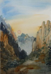 Vaaleanpunainen aurinko - keltaiset vuoret, 2015 (vesiväri paperille) tekijältä Christian Furr