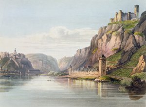 St. Goarshausen, St. Goar ja Rheinfels, kaiverrettu T. Sutherland, teoksesta "Maaluksellinen kiertue Reiniä pitkin Mentzistä Kölniin", julkaisija R. Ackermann, Lontoo, 1819