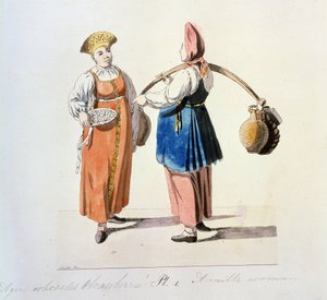Sarja sur les marchands de Moscow: meijeri. Dairywoman (sarjasta The Moscow Merchants). Piirustus Christian Gottfried Heinrich Geissler (1770-1844)