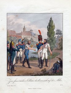 ""kahden ranskalaisen sotilaan kaksintaistelu"" Akvarelli Christian Gottfried Heinrich Geissler (1770-1844) 1808 Yksityinen kokoelma