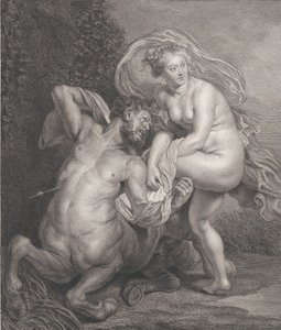 Deianeira saa myrkytettyä tunikkaa Nessukselta ja haavoittunut kentauri putoaa..., 1778. tekijältä Christian Gottfried Schulze