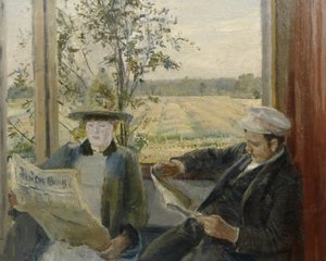 Oda Krohg lukee Maailman kävelyä (öljy kankaalle) tekijältä Christian Krohg