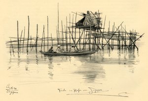 Talo paalujen päällä ja kalastajia Singaporen satamassa, 1898. tekijältä Christian Wilhelm Allers