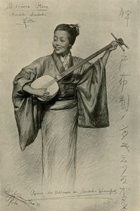 Dona jugant al shamisen, Mentaki Falls, Kobe, Japó, 1898. finlandès tekijältä Christian Wilhelm Allers