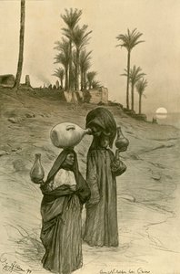 Naiset kantoivat vesikannuja Niilin rannalla Kairossa, Egyptissä, 1898. tekijältä Christian Wilhelm Allers