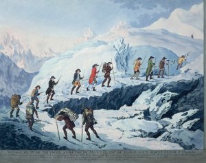Horace-Benedict de Saussure kiipeämässä Mont Blancin huipulle elokuussa 1787