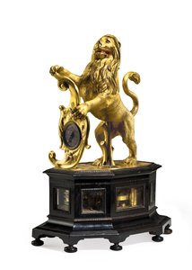 Iskevä ja automaattinen leijonakello, n. 1640 (kullattua messinkiä ja eebenpuuta) tekijältä Christoff Miller