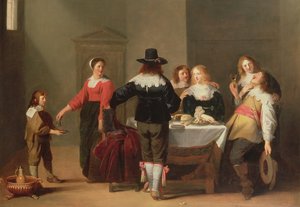 Vartiohuoneen sisustus, jossa sotilaat syövät ja juovat naiskomppaniassa, 1639