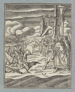 Coré, Datàn i Abiram i les seves famílies són engolits per la terra tekijältä Christoffel van Sichem (II)