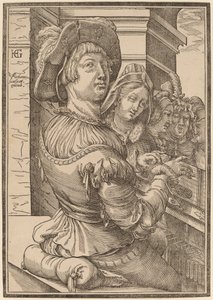 Nuori mies pelaamassa psalteriumia tekijältä Christoffel van Sichem I after Hendrik Goltzius
