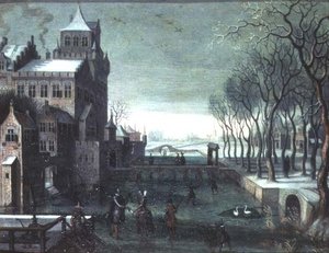 Talvimaisema taitoluistelulla vallihautalinnan luona tekijältä Christoffel van den (circle of) Berghe