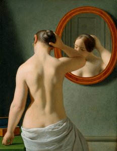 Alaston nainen tekee hiuksiaan peilin edessä tekijältä Christoffer Wilhelm Eckersberg