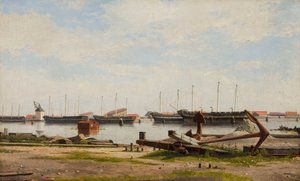 Erä Nyholm nosturin ja joidenkin sota-alusten kanssa tekijältä Christoffer Wilhelm Eckersberg