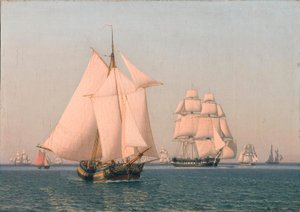 Alukset purjehtivat kevyessä tuulessa selkeänä kesän iltapäivänä tekijältä Christoffer Wilhelm Eckersberg