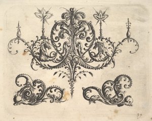 Upea kattokruunu, jossa on palavia kynttilöitä ja arabeskeja, joista osa päättyy fantastiseen hevonen..., 1610.