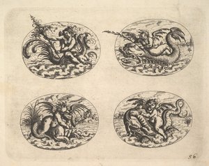 Neljä soikeaa Geniillä, lautaset Neue Grotessken Buchista, 1610.