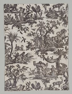 Fragmentti kuparipainettua puuvillaa Les quatres party du monde Designilla, 1788.