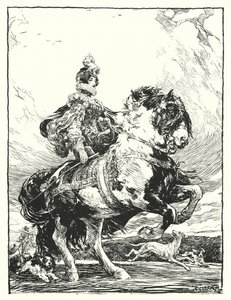 Nainen Tudor-asussa metsästämässä hevosen selässä (litho)