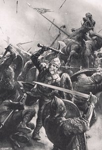 Stamford Bridgen taistelu, kuvitus julkaisusta "British Battles on Land and Sea", julkaisija Cassell, Lontoo, n. 1910