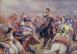 Raskaan prikaatin hyökkäys ranskalaisia Cuirassiersia vastaan Waterloossa, Sir Evelyn Woodin (1838-1919) toimittamasta Brittiläisistä taisteluista maalla ja merellä, joka julkaistiin ensimmäisen kerran vuonna 1915.