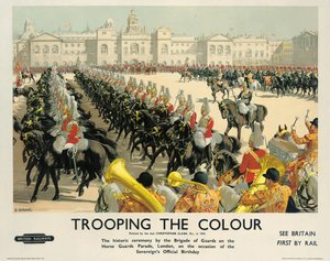 Trooping the Colour, British Railways -juliste, n. 1950 (värilitho) tekijältä Christopher Clark