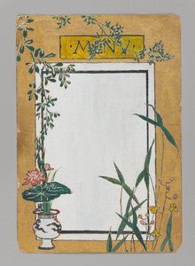 Ruokalistakortti, jossa on bambua ja kukkia, n. 1880. Akvarelli, musta muste ja metalliväri.