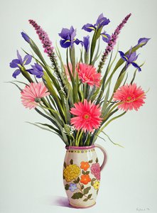 Iirikset ja gerbera hollantilaisessa kannussa (wc) tekijältä Christopher Ryland