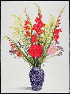 Tiger Liljat, Gladiolit ja Scabious sinisessä Marokon maljakossa (wc) tekijältä Christopher Ryland