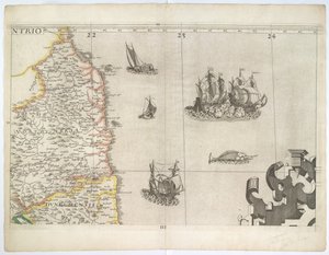 Northumbria ja Koillis-Englannin alue Saxtonin vuoden 1583 seinäkartasta (kaiverrus).