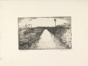 Maisema kanavalla Il canale col ponte in distanza (otsikko esineessä) tekijältä Cino Bozzetti