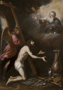 Espanjan kieli: Cristo flagelado arrodillado ante Dios Padre (Ruoskitun Kristuksen polvistuminen Isän Jumalan edessä). tekijältä Circle of Antonio del Castillo y Saavedra