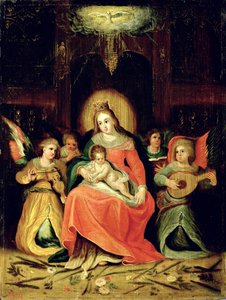Neitsyt Maria lapsen ja musiikkia soittavien enkelien kanssa tekijältä Circle of Frans Francken the Younger