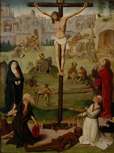 Ristiinnaulitseminen Pyhän Jeromeen ja Pyhän Dominicuksen kanssa ja kohtauksia intohimosta tekijältä Circle of Geertgen tot Sint Jans