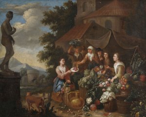 Vihannesten ja kukkien myyntiä italialaisella torikojulla. tekijältä Circle of Norbert van Bloemen
