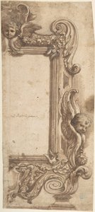 Suunnittelu enkeleillä, voluuteilla ja seppeleillä koristellulle puolikehykselle., 1634-89. tekijältä Ciro Ferri.