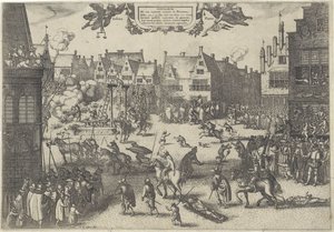 Ruutipetoksen salaliittolaisten teloitus, 1606 Supplicium de octo coniuratis sumtum Britanniassa (otsikko esineessä) tekijältä Claes Jansz. Visscher (II)