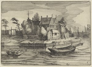 Sloops eräällä tilalla Hollantilaiset maisemat (sarjan nimi) Amaeniores Aliquot Regiunculae (sarjan nimi esineessä) tekijältä Claes Jansz. Visscher (II)