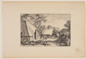 Navetat, nainen ja koira oikealla etualalla, maalauksesta Landscapes (Verscheyden aerdige Lanthuysen...) tekijältä Claes Jansz. Visscher