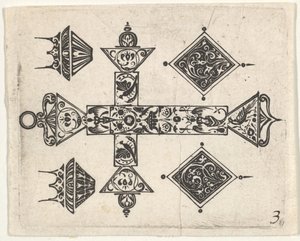 Blackwork print latinalaisristillä ja neljällä motiivilla, n. 1620. tekijältä Claes Jansz Visscher