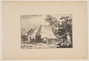 Maatilan piha, mies lepää aidan päällä keskeltä vasemmalle, teoksesta Landscapes (Verscheyden aerdige Lanthuysen...) tekijältä Claes Jansz. Visscher