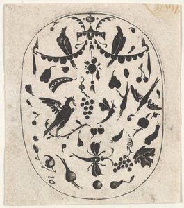 Soikea Blackwork Print lintuilla, hyönteisillä ja hedelmillä, n. 1620. tekijältä Claes Jansz Visscher