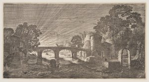 Auringonlasku joen yli, alkaen Landscapes (Playsante Lantschappen) tekijältä Claes Jansz. Visscher II