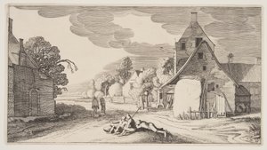 Kolme talonpoikaa lepää kylän risteyksessä, teoksesta Landscapes (Playsante Lantschappen). tekijältä Claes Jansz. Visscher II