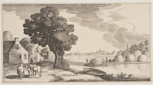 Heinän kuljetus joella, alkaen Landscapes (Playsante Lantschappen) tekijältä Claes Jansz. Visscher II