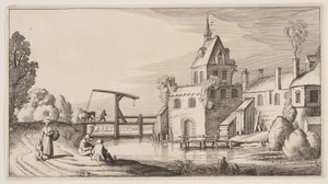 Kylä joen varrella, teoksesta Landscapes (Playsante Lantschappen) tekijältä Claes Jansz. Visscher II